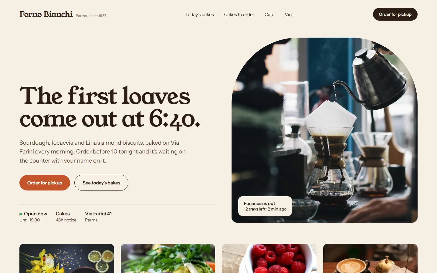 The rebuilt bakery website: a large headline saying the first loaves come out at 6:40, an order-for-pickup button, opening hours and a photo of the café.