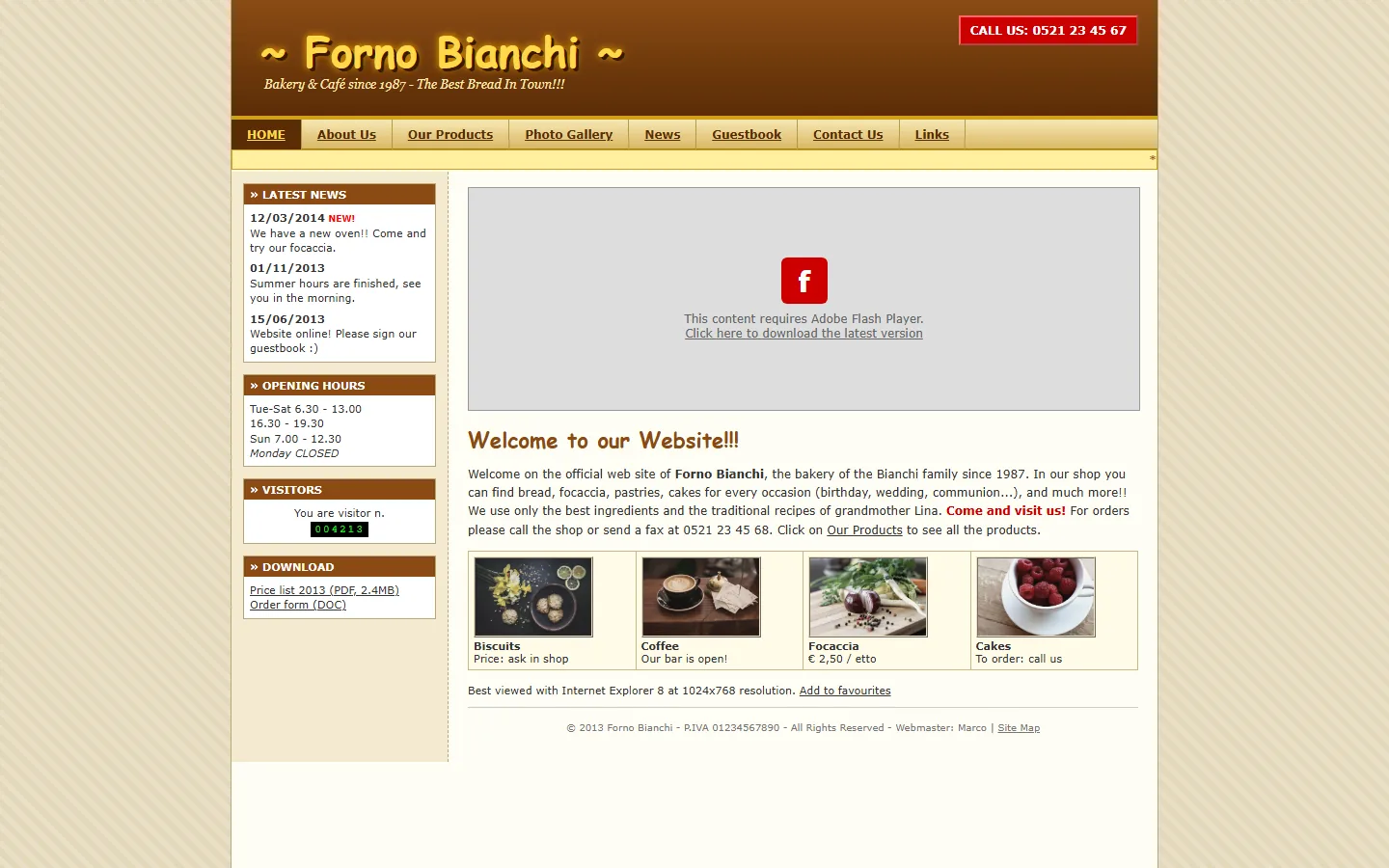 The bakery's old website from 2013: brown gradient header, a broken Flash banner, a visitor counter and a cramped table of products.