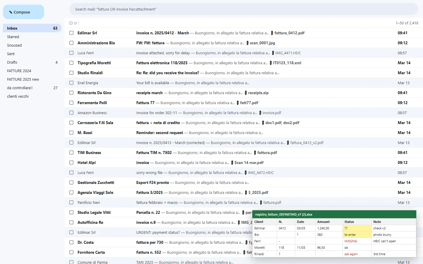 An overflowing inbox with dozens of invoice emails and a spreadsheet full of question marks and missing values.