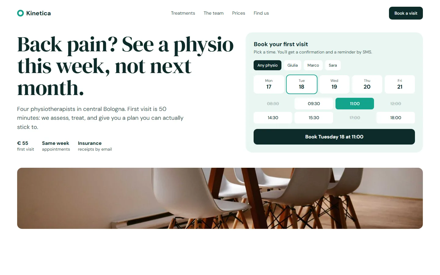Physio clinic homepage on desktop: headline about seeing a physio this week, price and insurance facts, and a booking panel with physio, day and time choices.