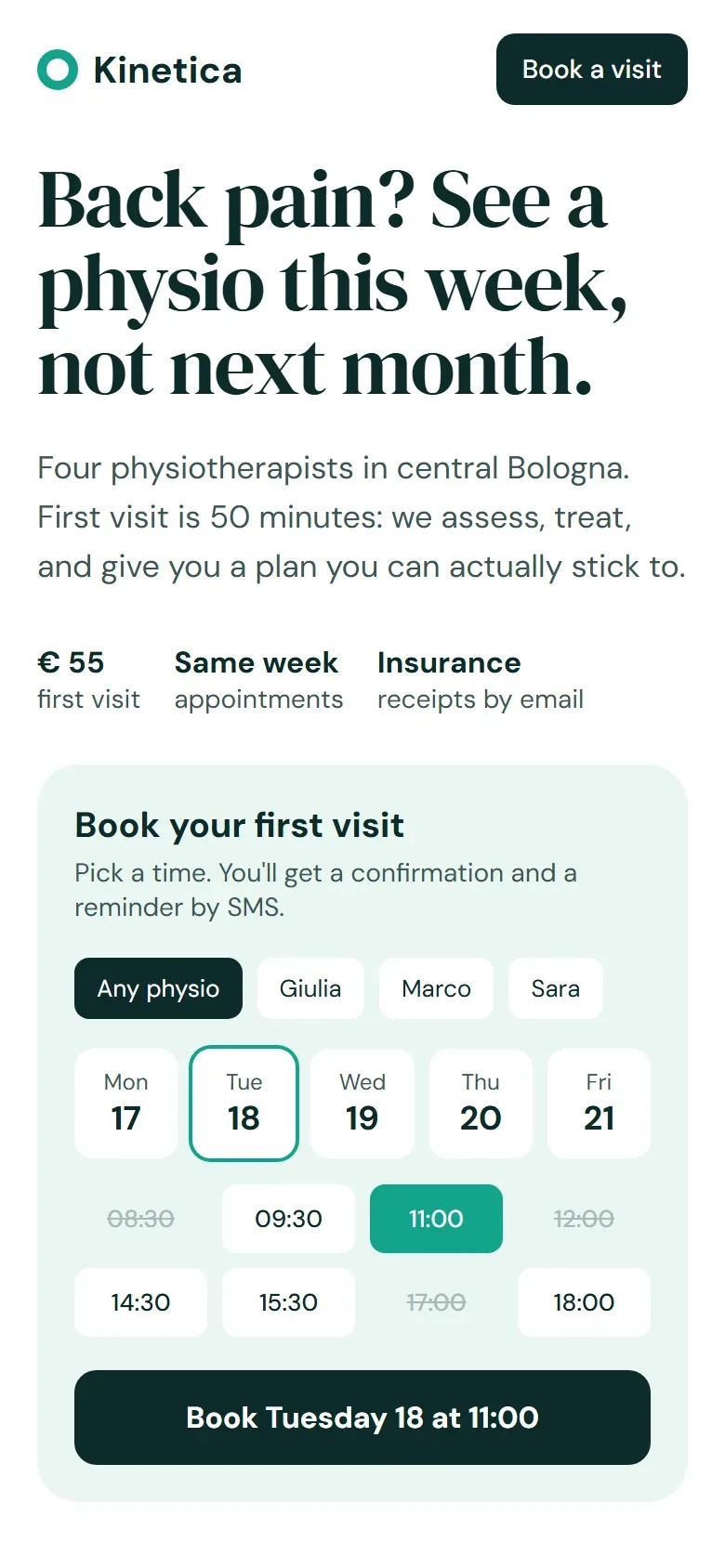 Physio clinic site on a phone: headline about seeing a physio this week and a booking widget with days and time slots.
