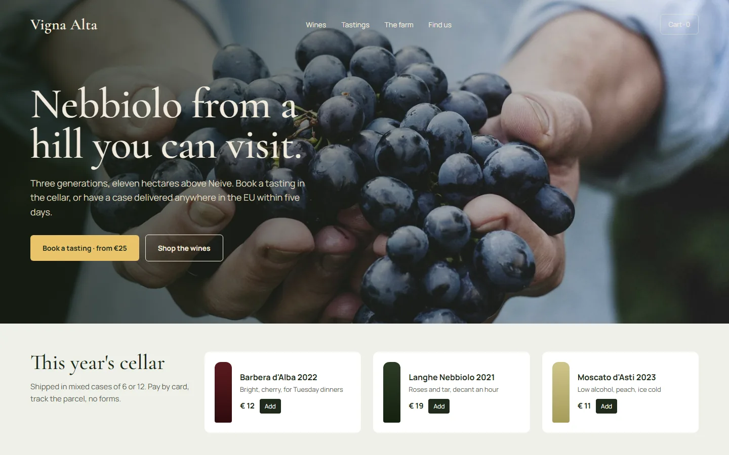 Rebuilt winery website: full-width photo of grapes, a headline about visiting the vineyard, buttons to book a tasting or shop, and wine cards with add-to-cart.