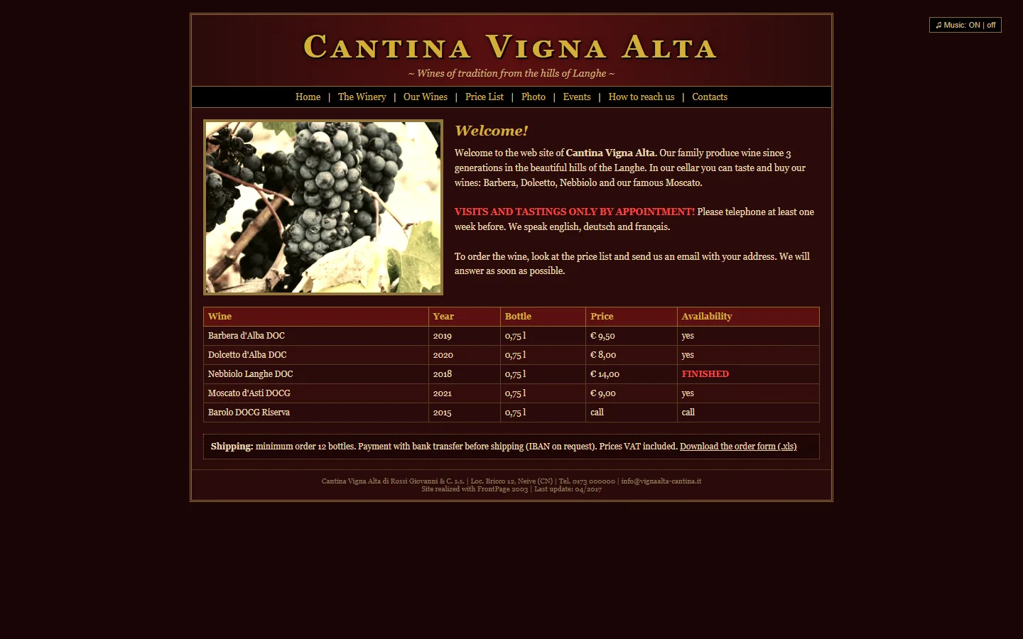 Old winery website: dark red background, gold small-caps title, a price table and a note asking customers to email their order.