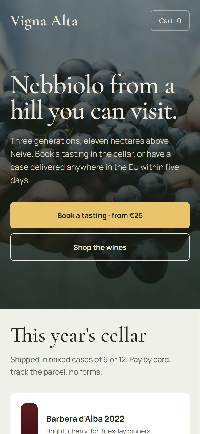 Winery site on a phone: headline over a vineyard photo, a book-a-tasting button and the start of the wine shop.